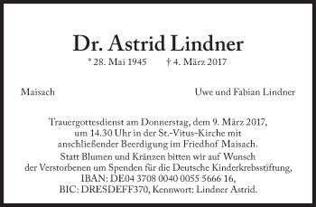 Traueranzeige von Astrid Lindner von Süddeutsche Zeitung