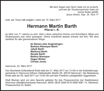 Traueranzeige von Hermann Martin Barth von Süddeutsche Zeitung