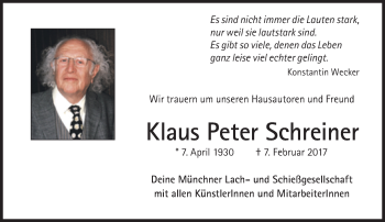 Traueranzeige von Klaus Peter Schreiner von Süddeutsche Zeitung