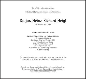 Traueranzeige von Heinz-Richard Heigl von Süddeutsche Zeitung