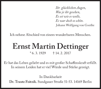 Traueranzeige von Ernst Martin Dettinger von Süddeutsche Zeitung