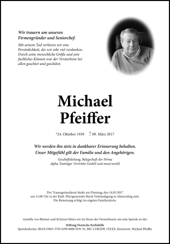 Traueranzeige von Michael Pfeiffer von Süddeutsche Zeitung
