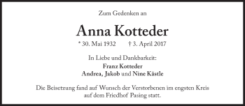 Traueranzeige von Anna Kotteder von Süddeutsche Zeitung