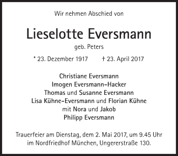 Traueranzeige von Lieselotte Eversmann von Süddeutsche Zeitung