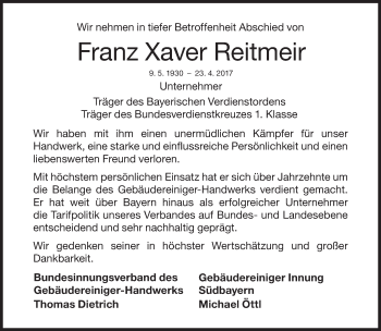Traueranzeige von Franz Xaver Reitmeir von Süddeutsche Zeitung