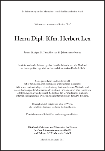 Traueranzeige von Herbert Lex von Süddeutsche Zeitung