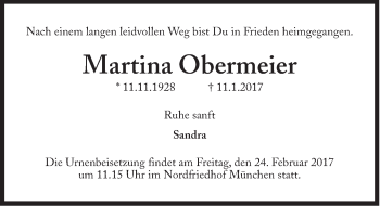 Traueranzeige von Martina Obermeier von Süddeutsche Zeitung