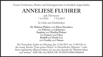 Traueranzeige von Anneliese Fluhrer von Süddeutsche Zeitung