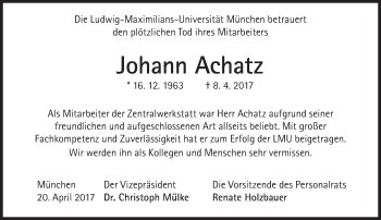 Traueranzeige von Johann Achatz von Süddeutsche Zeitung