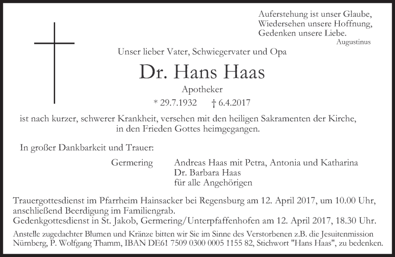  Traueranzeige für Hans Haas vom 08.04.2017 aus Süddeutsche Zeitung