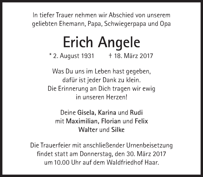  Traueranzeige für Erich Angele vom 25.03.2017 aus Süddeutsche Zeitung