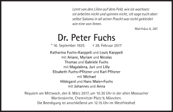 Traueranzeige von Peter Fuchs von Süddeutsche Zeitung