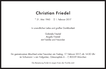 Traueranzeige von Christian Friedel von Süddeutsche Zeitung