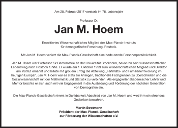 Traueranzeige von Jan M. Hoem von Süddeutsche Zeitung