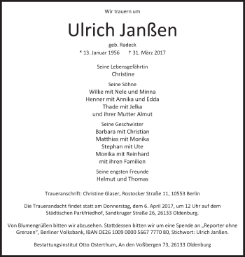Traueranzeige von Ulrich Janßen von Süddeutsche Zeitung