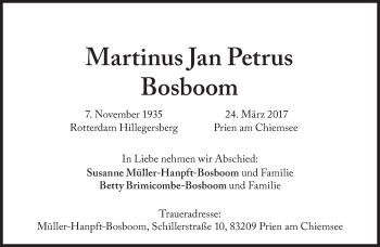 Traueranzeige von Martinus Jan Petrus Bosboom von Süddeutsche Zeitung