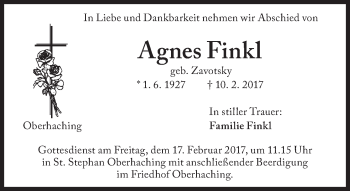 Traueranzeige von Agnes Finkl von Süddeutsche Zeitung