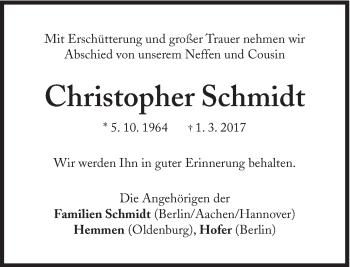 Traueranzeige von Christopher  Schmidt von Süddeutsche Zeitung