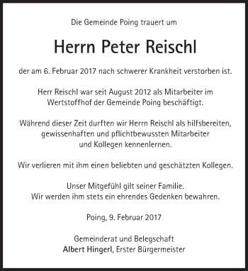 Traueranzeige von Peter Reischl von Süddeutsche Zeitung