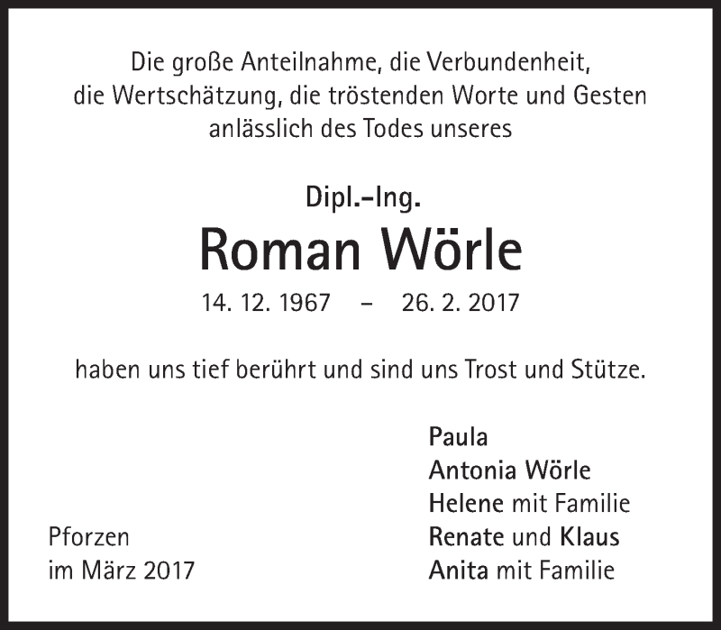  Traueranzeige für Roman Wörle vom 25.03.2017 aus Süddeutsche Zeitung