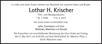 Traueranzeige von Lothar H. Krischer von Süddeutsche Zeitung