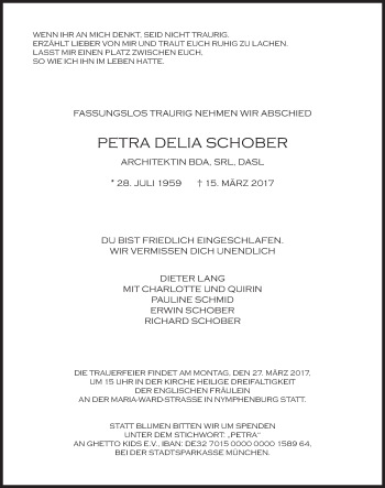 Traueranzeige von Petra Delia Schober von Süddeutsche Zeitung