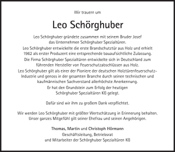 Traueranzeige von Leo Schörghuber von Süddeutsche Zeitung