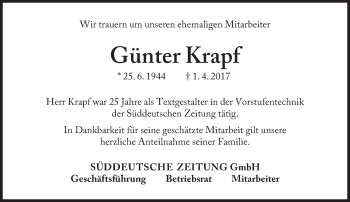 Traueranzeige von Günter Krapf von Süddeutsche Zeitung