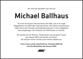 Traueranzeige von Michael Ballhaus von Süddeutsche Zeitung