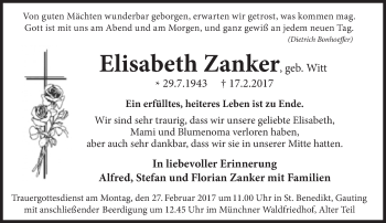 Traueranzeige von Elisabeth Zanker von Süddeutsche Zeitung