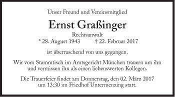 Traueranzeige von Ernst Graßinger von Süddeutsche Zeitung