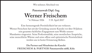 Traueranzeige von Werner Freischem von Süddeutsche Zeitung