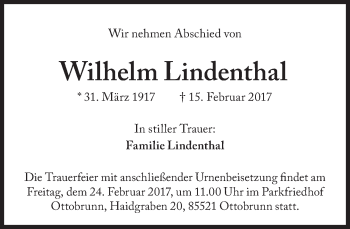 Traueranzeige von Wilhelm Lindenthal von Süddeutsche Zeitung