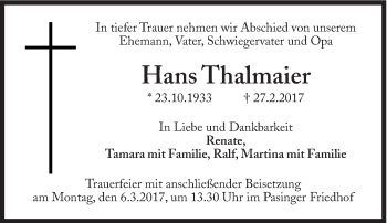 Traueranzeige von Hans Thalmaier von Süddeutsche Zeitung