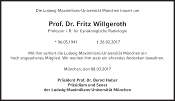 Traueranzeige von Fritz Willgeroth von Süddeutsche Zeitung