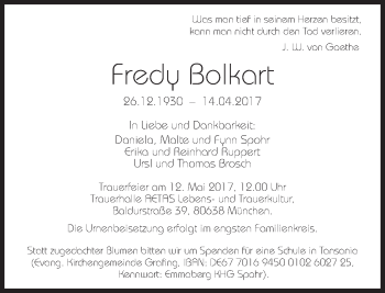 Traueranzeige von Fredy Bolkart von Süddeutsche Zeitung