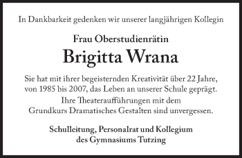Traueranzeige von Brigitta Wrana von Süddeutsche Zeitung