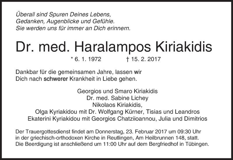  Traueranzeige für Haralampos Kiriakidis vom 20.02.2017 aus Süddeutsche Zeitung