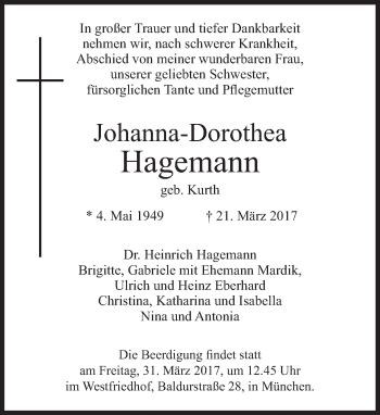 Traueranzeige von Johanna-Dorothea Hagemann von Süddeutsche Zeitung