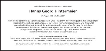 Traueranzeige von Hanns Georg Hintermeier von Süddeutsche Zeitung