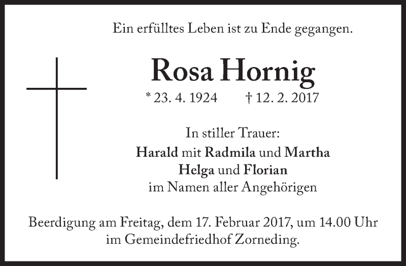  Traueranzeige für Rosa Hornig vom 15.02.2017 aus Süddeutsche Zeitung
