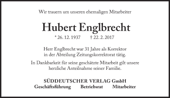 Traueranzeige von Hubert Englbrecht von Süddeutsche Zeitung