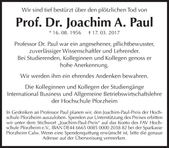 Traueranzeige von Joachim A. Paul von Süddeutsche Zeitung