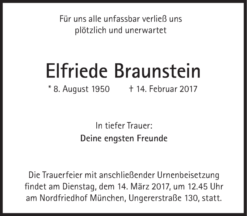  Traueranzeige für Elfriede Braunstein vom 11.03.2017 aus Süddeutsche Zeitung