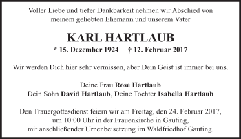 Traueranzeige von Karl Hartlaub von Süddeutsche Zeitung