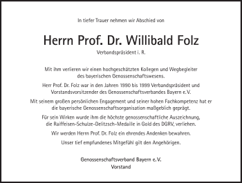 Traueranzeige von Willibald Folz von Süddeutsche Zeitung