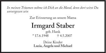 Traueranzeige von Irmgard Staber von Süddeutsche Zeitung