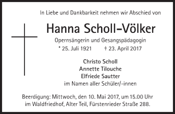 Traueranzeige von Hanna Scholl-Völker von Süddeutsche Zeitung