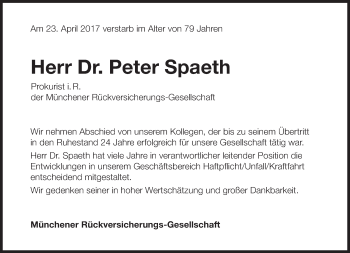 Traueranzeige von Peter Walter Richard Spaeth von Süddeutsche Zeitung