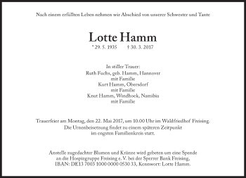 Traueranzeige von Lotte Hamm von Süddeutsche Zeitung
